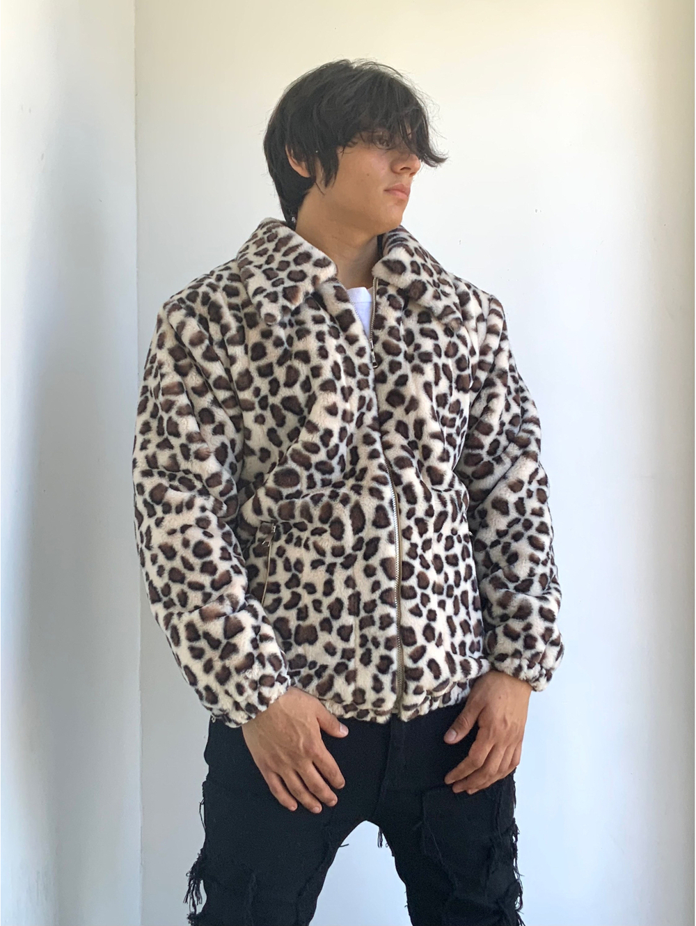 Men's Fashion Brown Beige Leopard Faux Fur Casual Coat